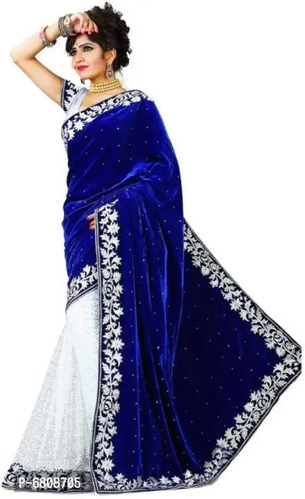 Stylish Velvet Embellished Blue Velvet Saree with Blouse piece uploaded by R M online shop  on 9/27/2023