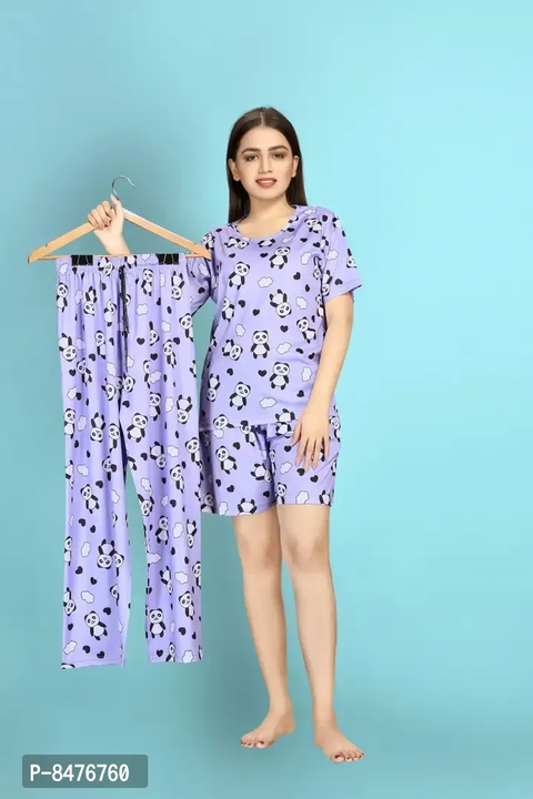 Stylish Purple Polycotton Printed Lounge Top with Shorts And Bottom Set For  uploaded by business on 9/27/2023