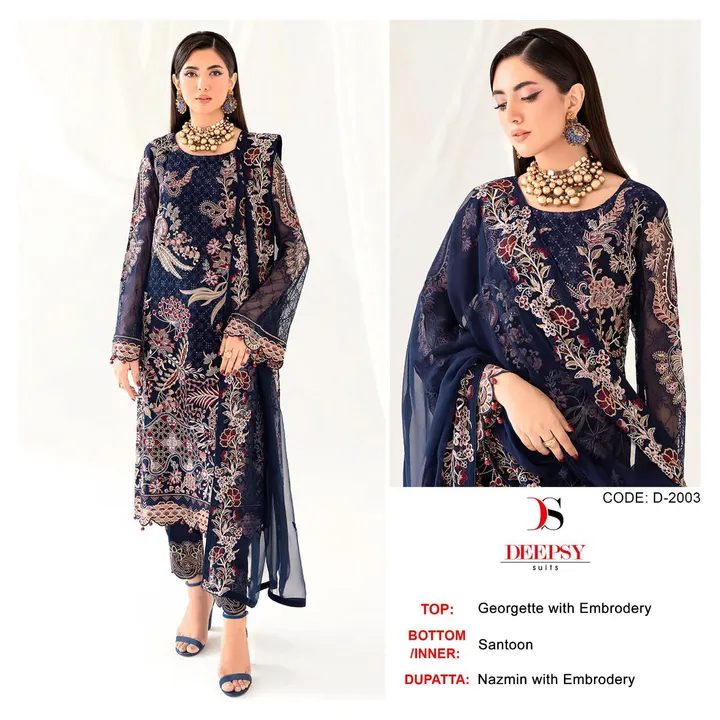 Design no.D-2003
Fabric:
Top: Georgette with embroidery& (semi stich )

Bottam:- Sentoon
            uploaded by Ayush fashion on 9/27/2023