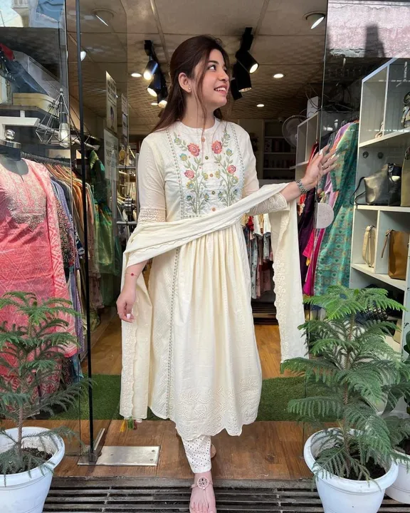 Cotton chikankari embroidered kurta with pants and stall dupatta will make you look the best.

Fabri uploaded by business on 9/27/2023