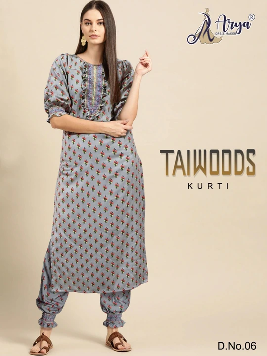 *TAIWOODS KURTI PAIR*

- Colour - 6

- Digital print

- Smoking work

- Fabric :- Poli Riyon

- Size uploaded by Divya Fashion on 9/27/2023