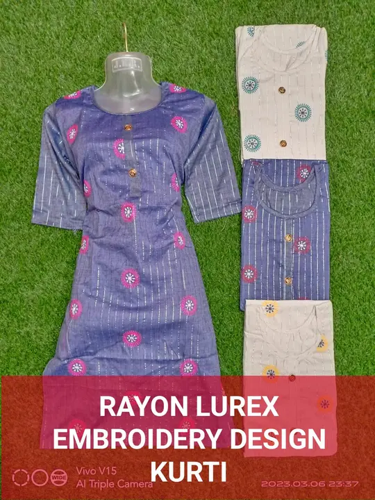 Rayon lurex embroidery kurti.. minimum order 300 piece.call/WhatsApp me  uploaded by Sneha collection 9593994622 call me on 9/27/2023