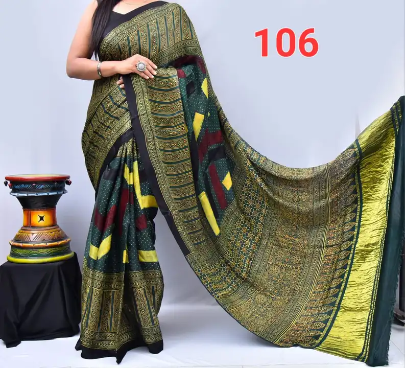 Modal silk hand block ajrakh natural daying saree with lagdi patta 

 uploaded by business on 9/28/2023