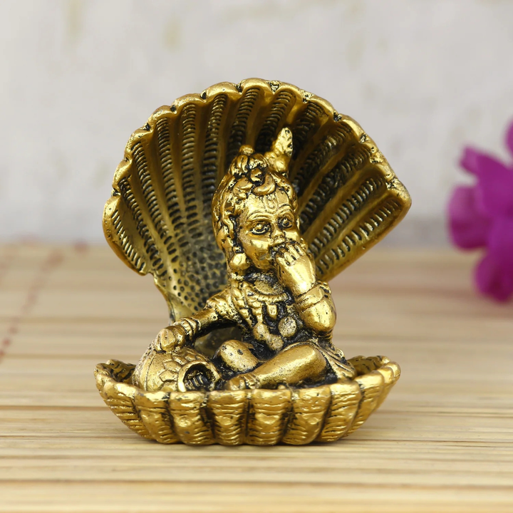 🍒🫐Golden Metal Bal Gopal Krishna Statue having makhn uploaded by business on 9/28/2023