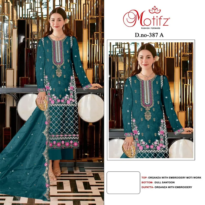 Design no- 387

Top - Organza with Embroidery moti work 

Bottom - Santoon dull

Dupatta- oranaza  uploaded by business on 9/29/2023