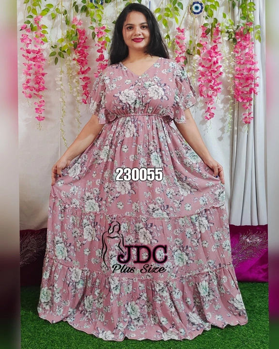 Post image *230055*
👗👗👗👗👗👗👗👗

*JDC # New STYLE Super plus size long Gown*

*PREMIUM QUALITY super fine IMPORTED GEORGETTE celebrity STYLE DRESS*

Very soft fabric.
Export quality FABRIC 
Attached inner

*NORMAL TO PLUSS SIZE celebrity STYLE DRESS WITH FRILL sleeves AND ATTACHED INNER ...3 layered frills* 

Very comfortable you can use as 
PICNICWEAR
CASUAL WEAR
ONE-PIECE
BEACH DRESS
PARTYWEAR

*SIZE : 4XL to 9XL*
Bust size upto 58"
Length : 57+
HIPS : 78+
Elastic ON WAIST
Kaftaan sleeves
Dori behind
Front buttons (not openable)
*Feel free to ask any size measurements. We sell only our own stock.*

SELL CONFIDENTLY ...
BUY BINDASS....

*PLEASE do Not compare with cheap Quality*
🛍️🛍️🛍️🛍️🛍️🛍️🛍️🛍️