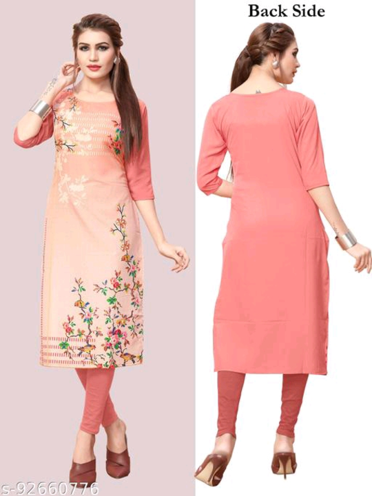 Post image Women's Crepe Straight Kurti
Name: Women's Crepe Straight Kurti
Fabric: Crepe
Sleeve Length: Three-Quarter Sleeves
Pattern: Printed
Combo of: Single
Sizes:
S (Bust Size: 36 in, Size Length: 44 in) 
XL (Bust Size: 42 in, Size Length: 44 in) 
L (Bust Size: 40 in, Size Length: 44 in) 
M (Bust Size: 38 in, Size Length: 44 in) 
XXL (Bust Size: 44 in, Size Length: 44 in) 

•