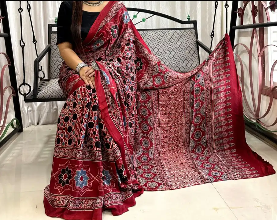 *SAREE*   *collection*


*AJRAKH HAND BLOCK PRINT NETURAL DYING* *MODAL SILK SAREE*


*SIZE 6.5 mt W uploaded by business on 10/4/2023