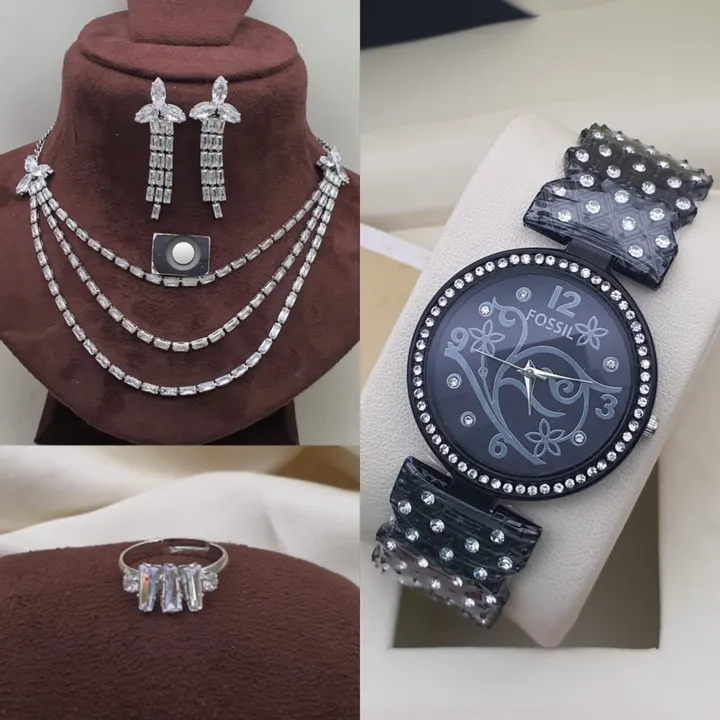 3pc ladies combo watch with high quality diamond necklace set with ring adjustable combo uploaded by Digitia  on 10/6/2023