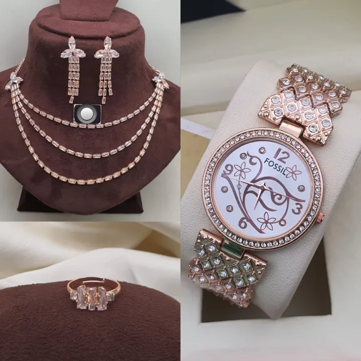 3pc ladies combo watch with high quality diamond necklace set with ring adjustable combo uploaded by Digitia  on 10/6/2023