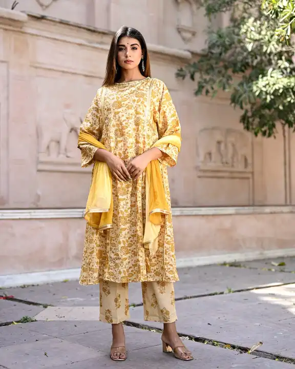 Mustard yellow kurti trousers and dupatta three piece set uploaded by K And K manufacturer on 10/6/2023
