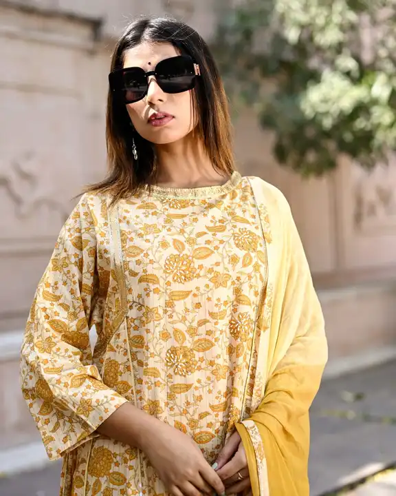 Mustard yellow kurti trousers and dupatta three piece set uploaded by K And K manufacturer on 10/6/2023