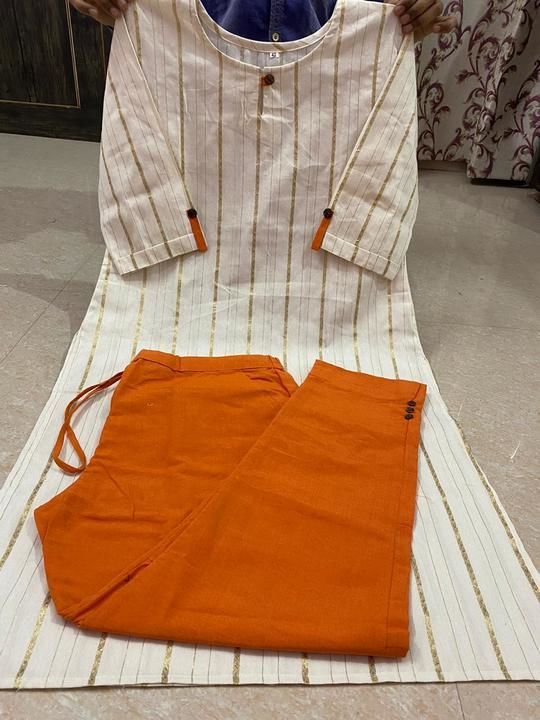 Post image *Khadi kurti with zari weaving *
*Pencil pant with both sides pockets*
*Kurti length 42*
*Trouser length 39*
*Size 38 to 44*
*For dealers Single-set*

Price 570 fs

No less...

Hina