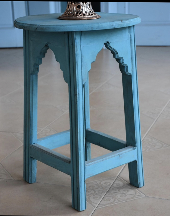 A one of kind wooden mehreb stool turquoise blue 16"dia 24"high uploaded by business on 10/8/2023