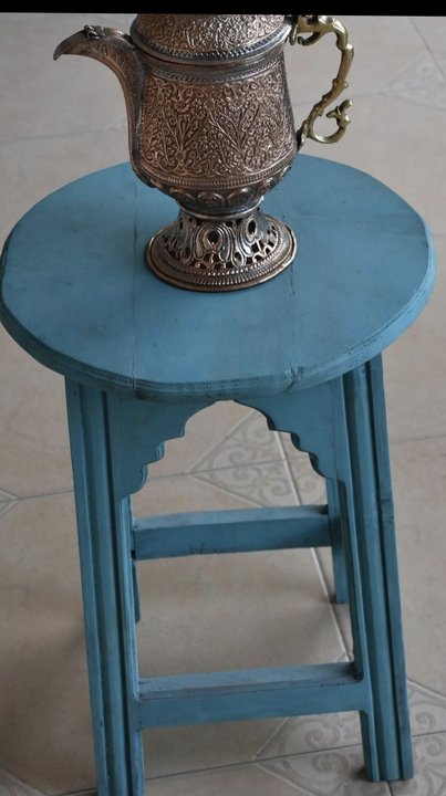 A one of kind wooden mehreb stool turquoise blue 16"dia 24"high uploaded by Puja Art And Craft on 10/8/2023