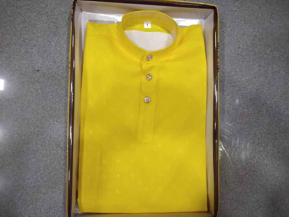 Yellow haldi special kurta pyjama set with white pyjama single box pacing 1/10 sizea uploaded by Shree gurudev collection / 9806507567 on 10/9/2023