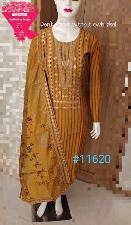 Post image 1580 freeship

Pure muslim silk semi stitched 
Neck  work
Bust 44aprx
Length 45aprx

Bottom shantoom 3mapex

Dupata muslin silk pure gold print..