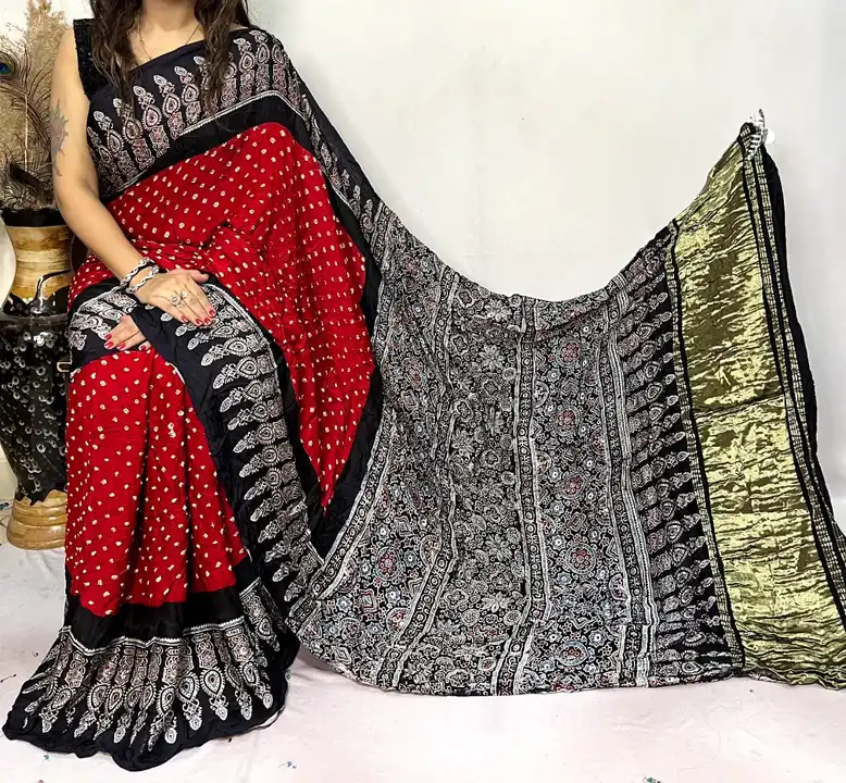 Ajrakh with bandhej modal silk saree tissue pallu  uploaded by Danish dyeing on 10/11/2023
