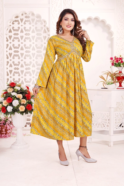 Exclusive Designer women's Aaliya cut floor lenth Kurtis in REON14kg foil printed  uploaded by business on 10/12/2023
