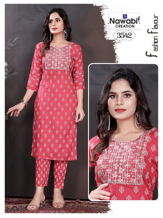 D.no:3542

Style: Straight Embroidered Kurti With Pants

Fabric: Rayon Print

Size: L, XL, XXL, 3XL
 uploaded by NAWABI CREATION on 10/14/2023