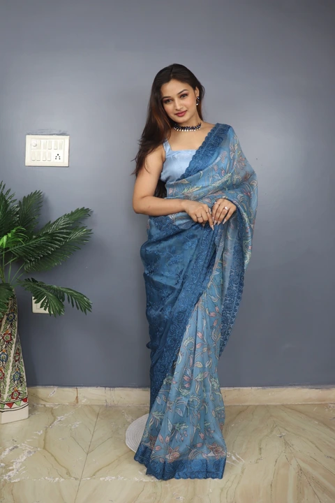 Pure soft organza silk saree with all over beautiful kalamkari prints and  beautiful embroided pallu uploaded by business on 10/14/2023