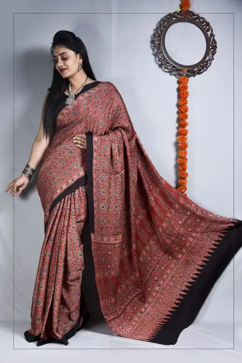 *New collection*


*SAREE 🌟🌟🌟*


*AJRAKH HAND BLOCK PRINT NETURAL DYING* *MODAL SILK SAREE uploaded by business on 10/15/2023