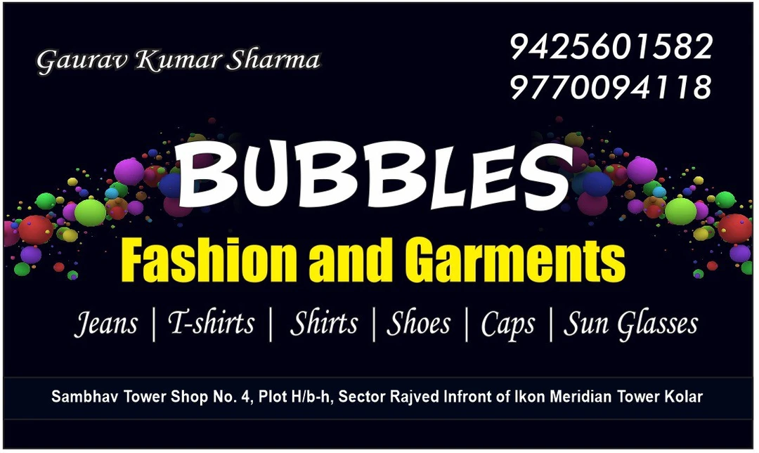 Visiting card store images of Bubbles fashion and garments