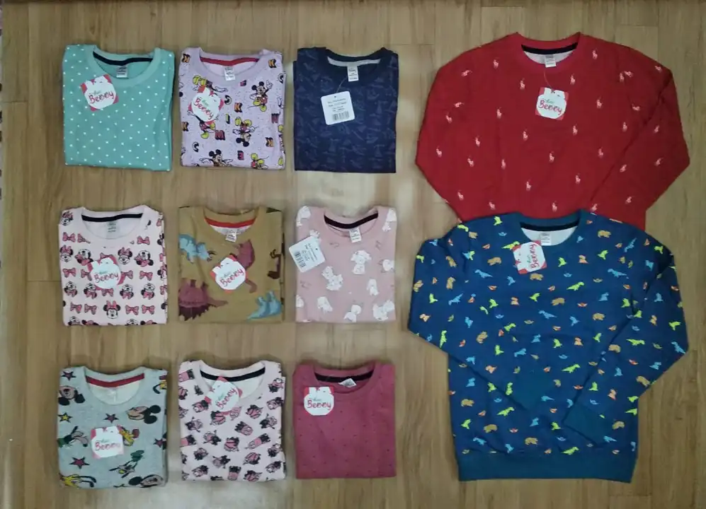 Post image *Kids Printed Sweatshirts*

All over printed export surplus fabrics - Loop Knit

3 to 12 years

Price - *Rs.145* + GST

MRP - Rs.899

MOQ - 40 pieces (1 set)
*(5 sizes x 8 colors)*

Single Piece Packing / 5 sizes Color assortment / 40 Pieces Master Packing

8 colors in one set

Total qty = 480 pieces

Rs.135 final for entire qty..