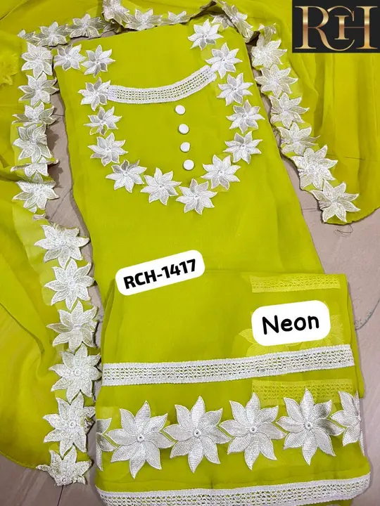 Post image 🌹 *_RCH Presents_*🌹

RCH-1417 
*NECKLACE* (CELEBRITY SUIT)
♠️5mts aprox All Over Original Viscose Georgette Soft Fabric Neck &amp; Ghera Beautiful Thread+Laces Embroidery work....
♠️Sleeves Work Embroidery with Laces….

♠️2.25mts Viscose Georgette Cut-Work Thread Embroidery Scalping ….

*RCH PRICE 949/-FREESHIP ALL OVER INDIA*🇮🇳🇮🇳🇮🇳

Ready to Dispatch 🚀

_*SAME 2 SAME MODEL SUIT_*👌🏻👌🏻