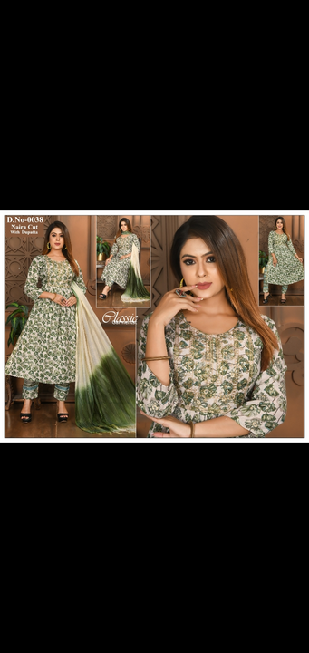 Nayra cut fancy work printed kurti pant and dupatta sets 3 pcs set uploaded by Radha Creation , Maira sales for Readymade items on 10/17/2023