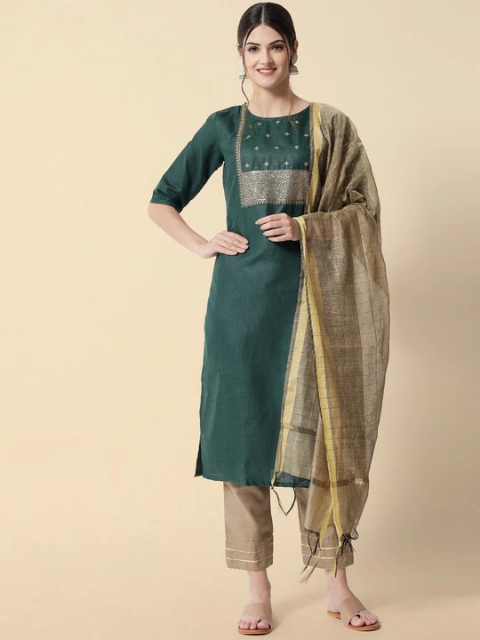 Women Embroidered Solid Kuta and Pant set with Dupatta
 uploaded by Handycart on 10/18/2023