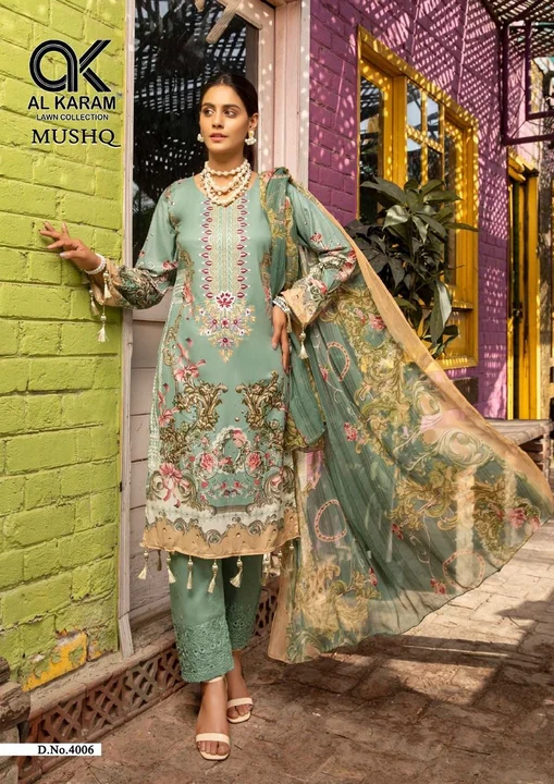 Post image Catalog  Al Karam Mushq Vol-4 – Dress Material
Pcs  8
AVG. Price  549

Size  Unstitched,
Fabric  Cotton

Top – Pure Cambric Cotton Printed with Neck Self Embroidered Work – 2.40 Mtrs
Bottom – Pure Cotton Printed – 2.25 Mtrs
Dupatta – Pure Mal Mal Cotton Dupatta – 2.25 Mtrs

8347883458