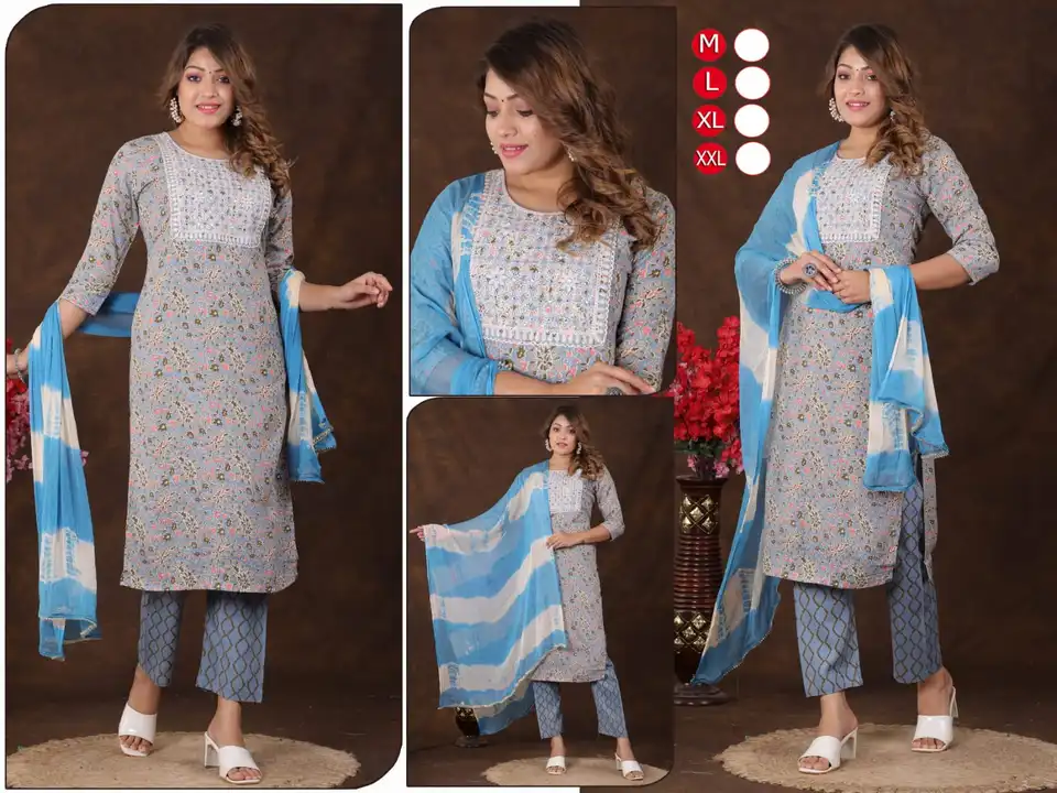Rayon fabric embroidery work kurti with pant and duptta set uploaded by Kabir Fashion World on 10/24/2023