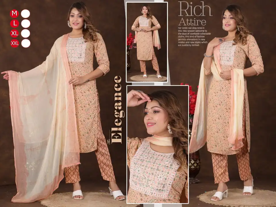 Rayon fabric embroidery work kurti with pant and duptta set uploaded by Kabir Fashion World on 10/24/2023