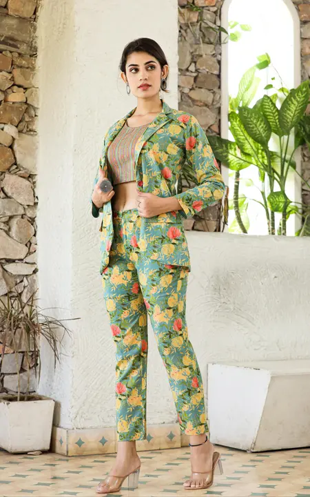 Co ord set (bleaser+pant+crop top) floral print in reyon fabric  uploaded by Ganpati collection on 10/24/2023