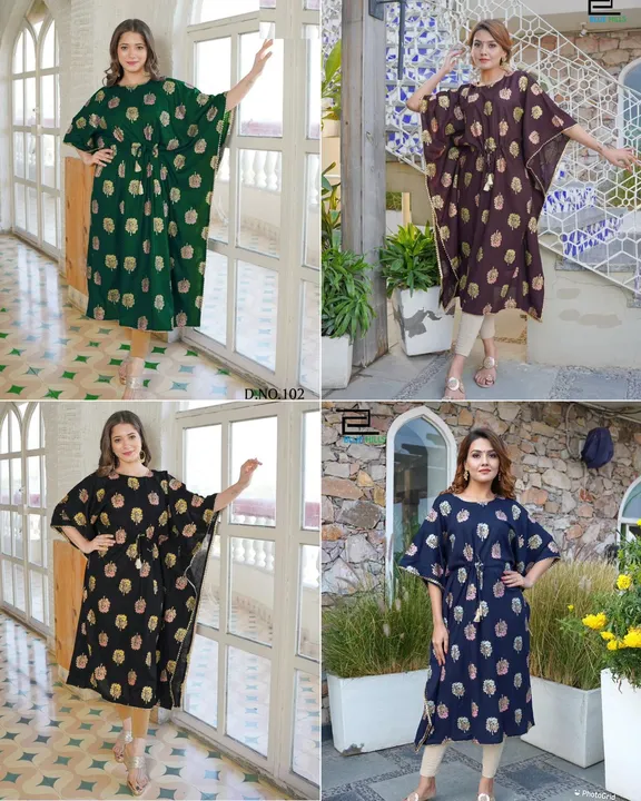 *Kaftan vol 5*

Rayon 14 kg gold print

Free size fits ( M-38" to 3xl:46”)

Length- 49”

Rate - 499/ uploaded by business on 10/30/2023