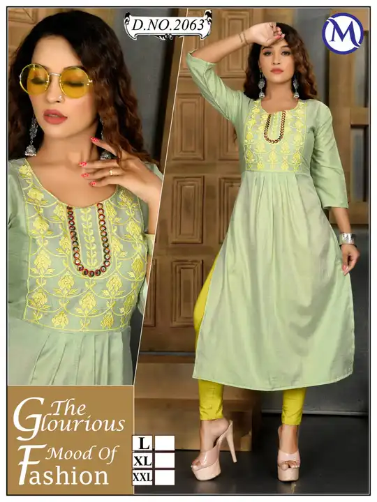 Post image * Nyra Cut Kurti
* Embroidery work on Neck
* Fabric - Two Tone Rayon
* Size - XL
* Price ₹ 150
* Mix colours and design in MOQ
* MOQ - 20 Pieces