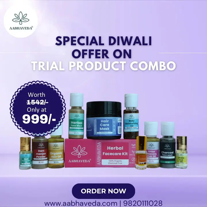 Post image *Diwali Dhamaka offer* 
All Trial Products @ *999/-* Only

1) Trial Organic Hair Oil
2) Trial Hair Care Mask
3) Trial Face Care Kit
4) Trial Dant Manjan Powder
5) Trial Under Eye Oil
6) Trial Nail Nourishment Oil 
7) Trial Onion and Aloevera Oil
8) Trial Herbal Face Wash 
9) Trial Charcoal Face Wash 
10) Trial Body Moisturizing Oil
11) Trial Kumkumadi Face Serum