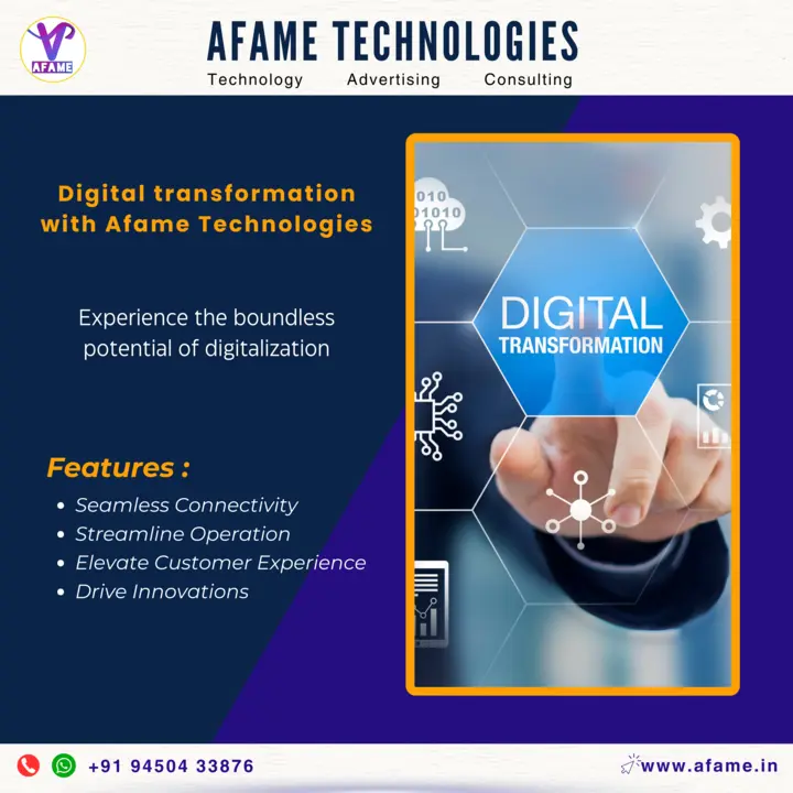 Post image Unlock the power of digital transformation with Afame Technologies 🌐

✅ Seamless Integration and Connectivity
✅ Streamline Operations and Boost Efficiency
✅ Harness Data for Informed Decisions
✅ Elevate Customer Experience
✅ Drive Innovation

Experience the boundless potential of digitalization. 🚀