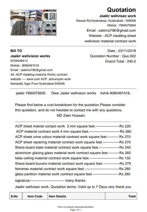 This my visiting card and quotation। My visiting card quotation paper। ACP seat work। ACP clading  uploaded by Polycarbonate sheet work  on 11/13/2023