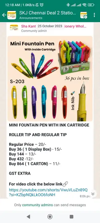 MINI FOUNTAIN PEN WITH INK CARTRIDGE uploaded by Sha kantilal jayantilal on 11/14/2023