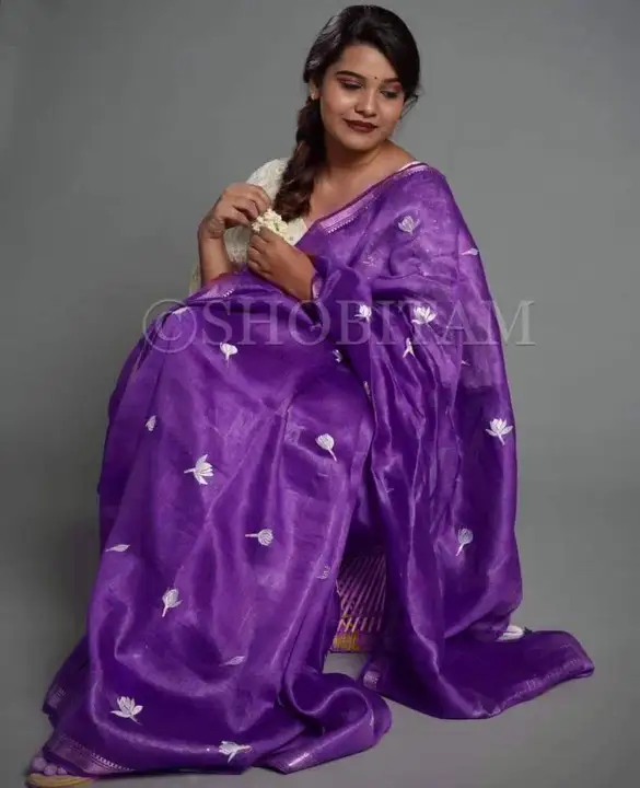 Linen by linen embroidery silk saree  uploaded by Handloom Silk sarees  on 11/15/2023