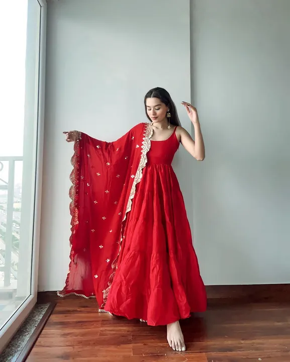 *New Launch Alert!* 🥳
RED SILK ANARKALI ♥️✨

Look Bold And Beautiful This Festive Season With This  uploaded by business on 11/22/2023