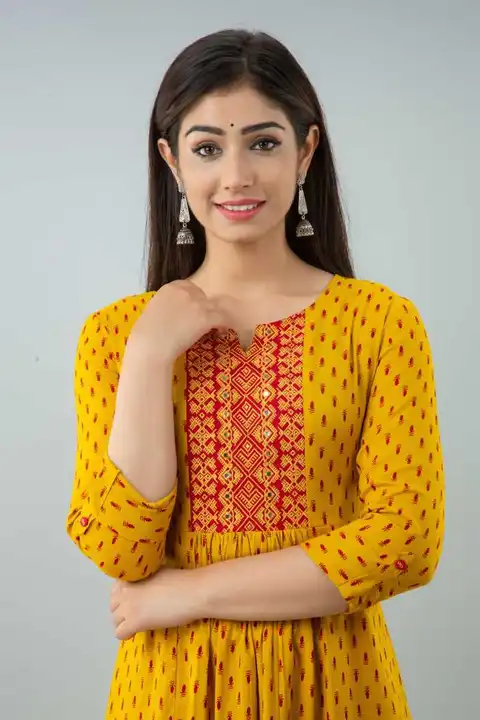 Yellow with red print rayon Anarkali Kurti  uploaded by KBS FASHION STORE on 11/22/2023