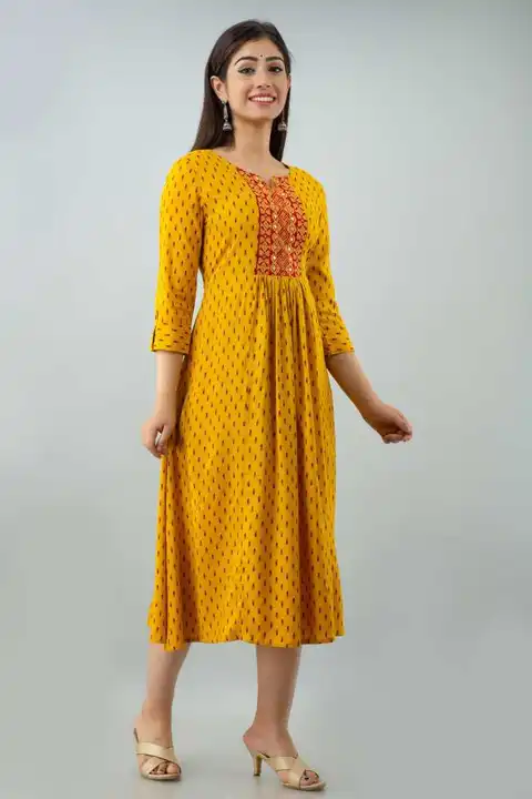 Yellow with red print rayon Anarkali Kurti  uploaded by business on 11/22/2023