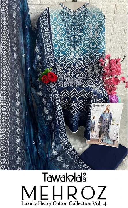 TAWAKKAL LAWN COTTON SUIT MEHROZ LUXURY HEAVY  COTTON COLLECTION VOL 4  uploaded by Salecrowd on 11/23/2023