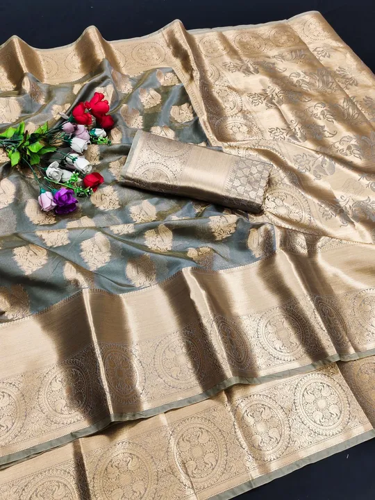 Zari weaving rich pallu with brocade silk weaving soft organza silk saree uploaded by business on 11/24/2023