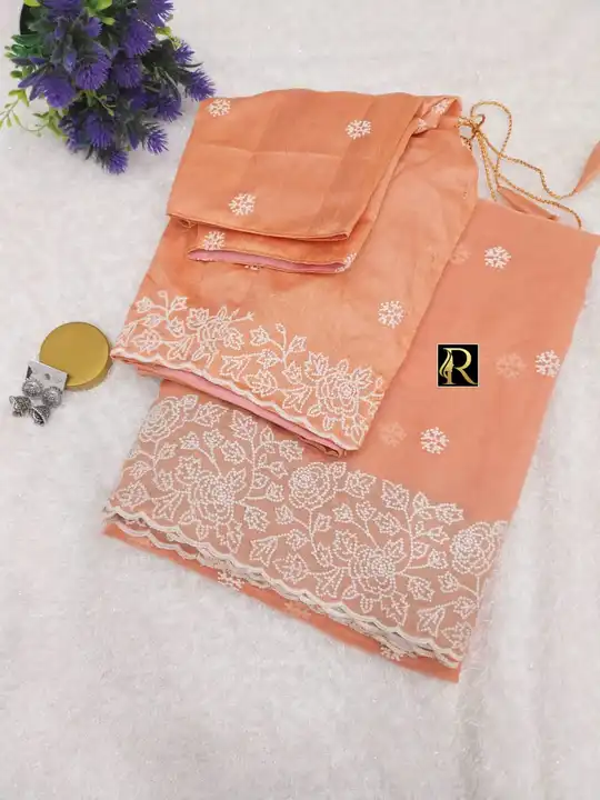 *Fresh Arrivals*

 *Soft Organza Silk saree with heavy Embroidery C pallu sc.*

*Paired with stitche uploaded by BOKADIYA TEXOFIN on 11/25/2023