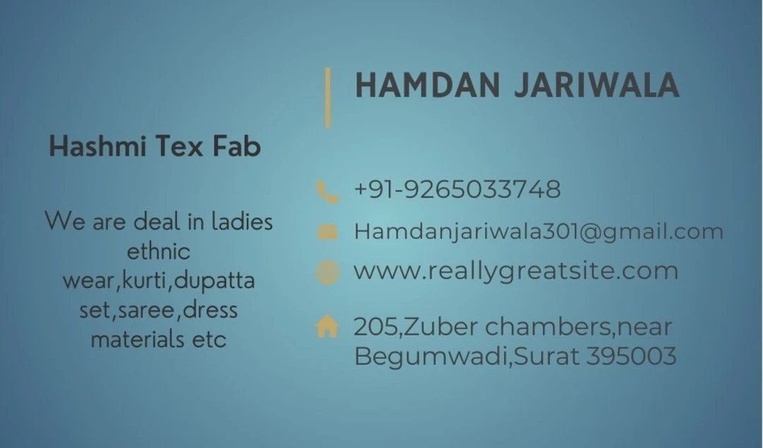 Visiting card store images of Hashmi Tex Fab