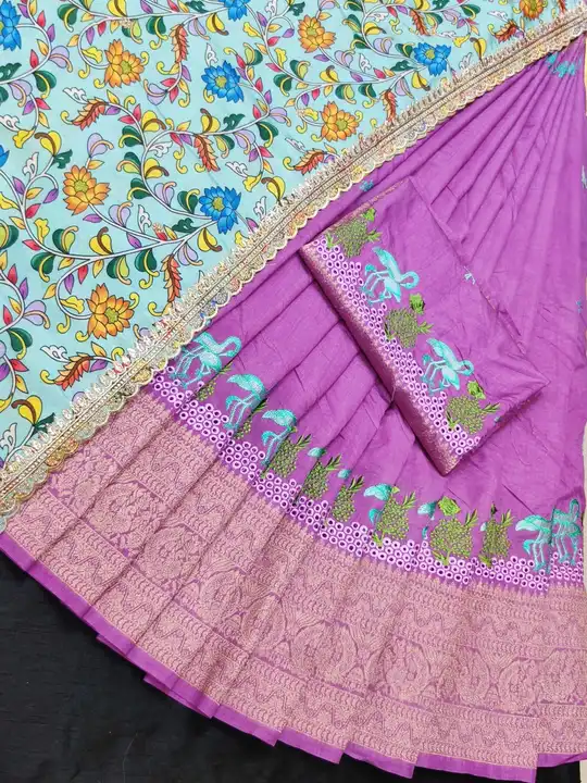 *Newly arrived swan embroidery dola silk halfsaree set*.
.
.
.
*Lengha -3.5 meter*
*Blouse -1 meter* uploaded by business on 11/28/2023